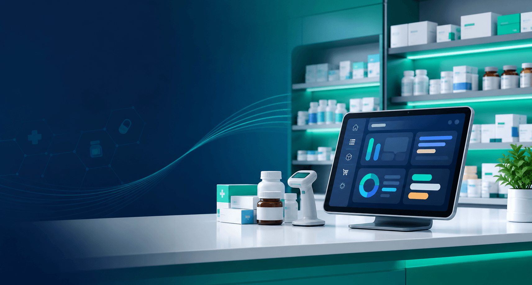 Pharmacy inventory management dashboard inside a modern medicine store
